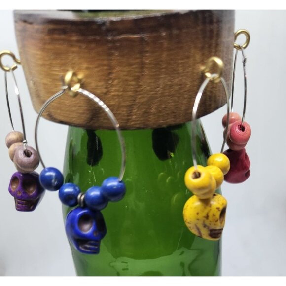 Skull Colorful Wine Glass Charms Set - 6 Themed Unique Charms With Beads & Wood - Picture 4 of 13